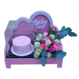 Baby Girl Flower Arrangement: Roses and Baby Roses with Cake in Acrylic Box
