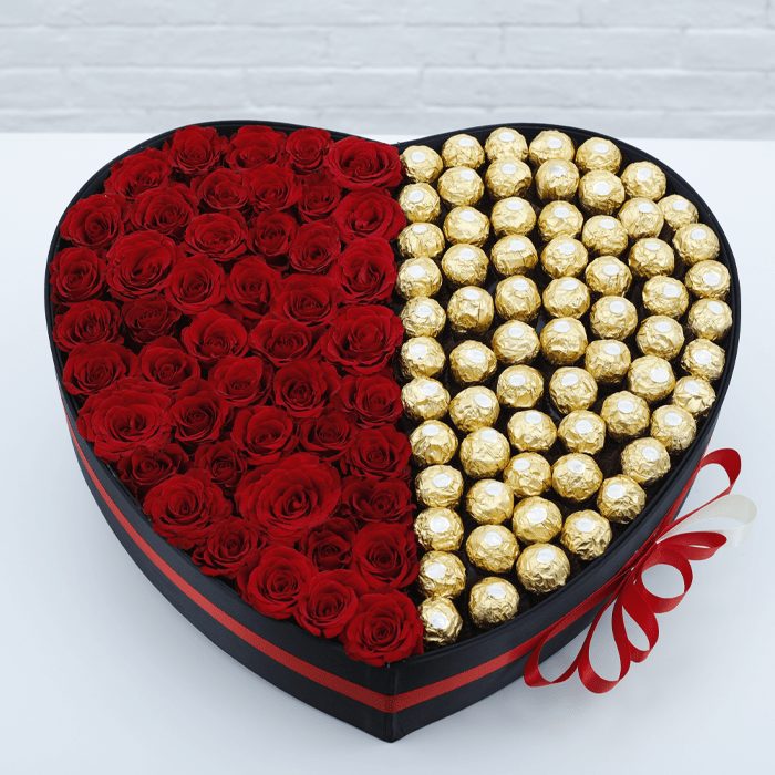Red Rose in Heart Box with Ferrero Rocher