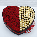 Red Rose in Heart Box with Ferrero Rocher