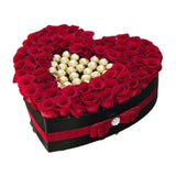 Red Roses And Ferrero Rocher Chocolates In Heart Shaped Box