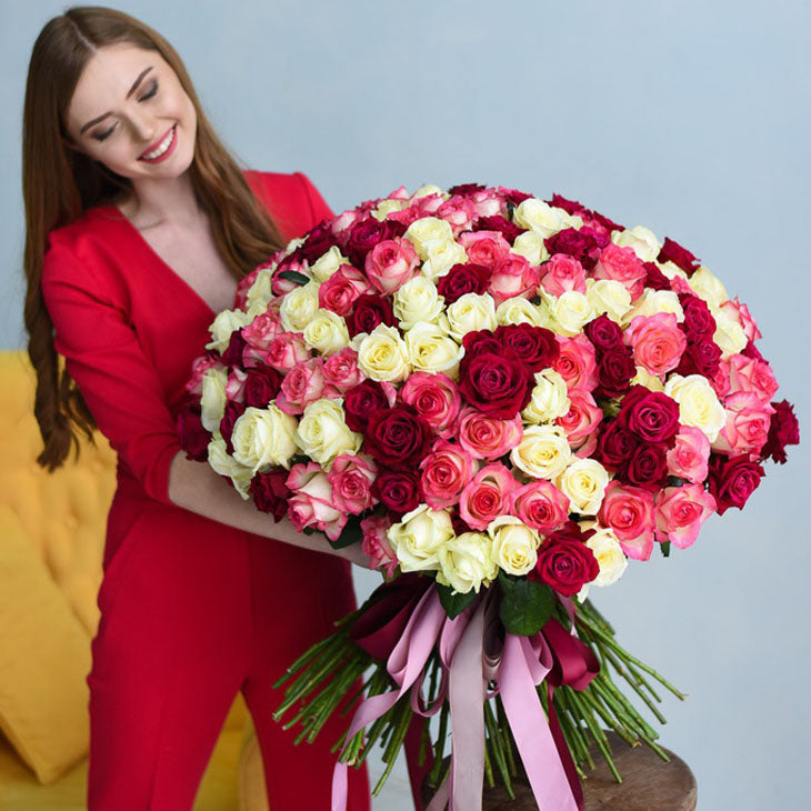 101 Mixed Pink, White and Red Roses Bouquet