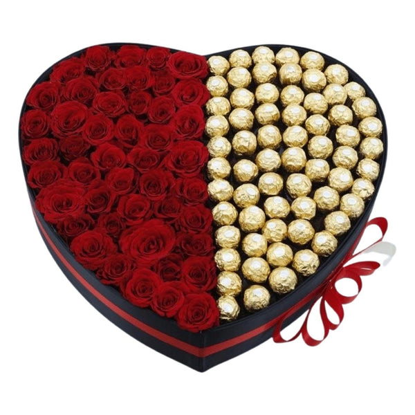 Red Rose in Heart Box with Ferrero Rocher