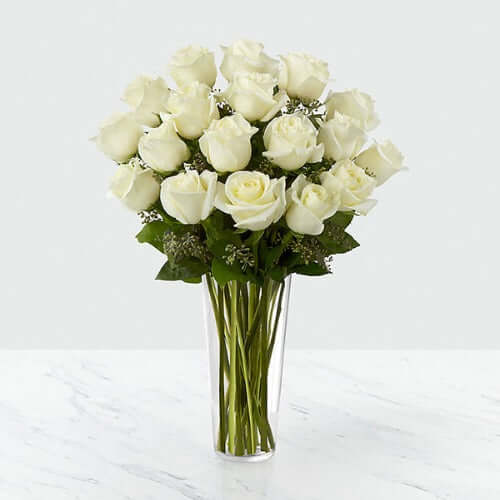 Floral Gift Idea - 24 White Roses in Glass Vase for Your Loved One