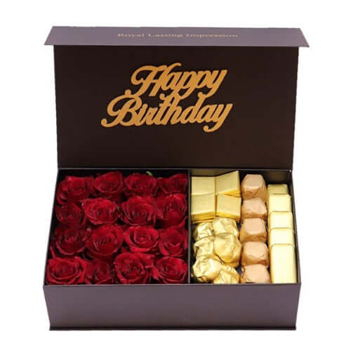 Happy Birthday Gift Box of Red Roses and Chocolates