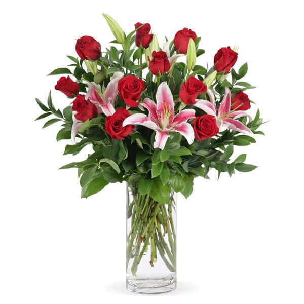 Red Roses and Stargazer Lily Centerpiece Arrangement