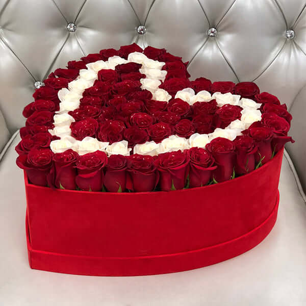 Red and White Roses in a Heart Shaped Box